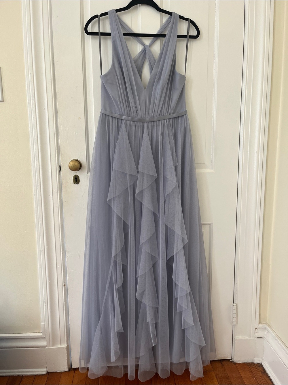 White by Vera Wang Sleeveless V-Neck Ruffle Tulle Maxi Dress in Light Gray